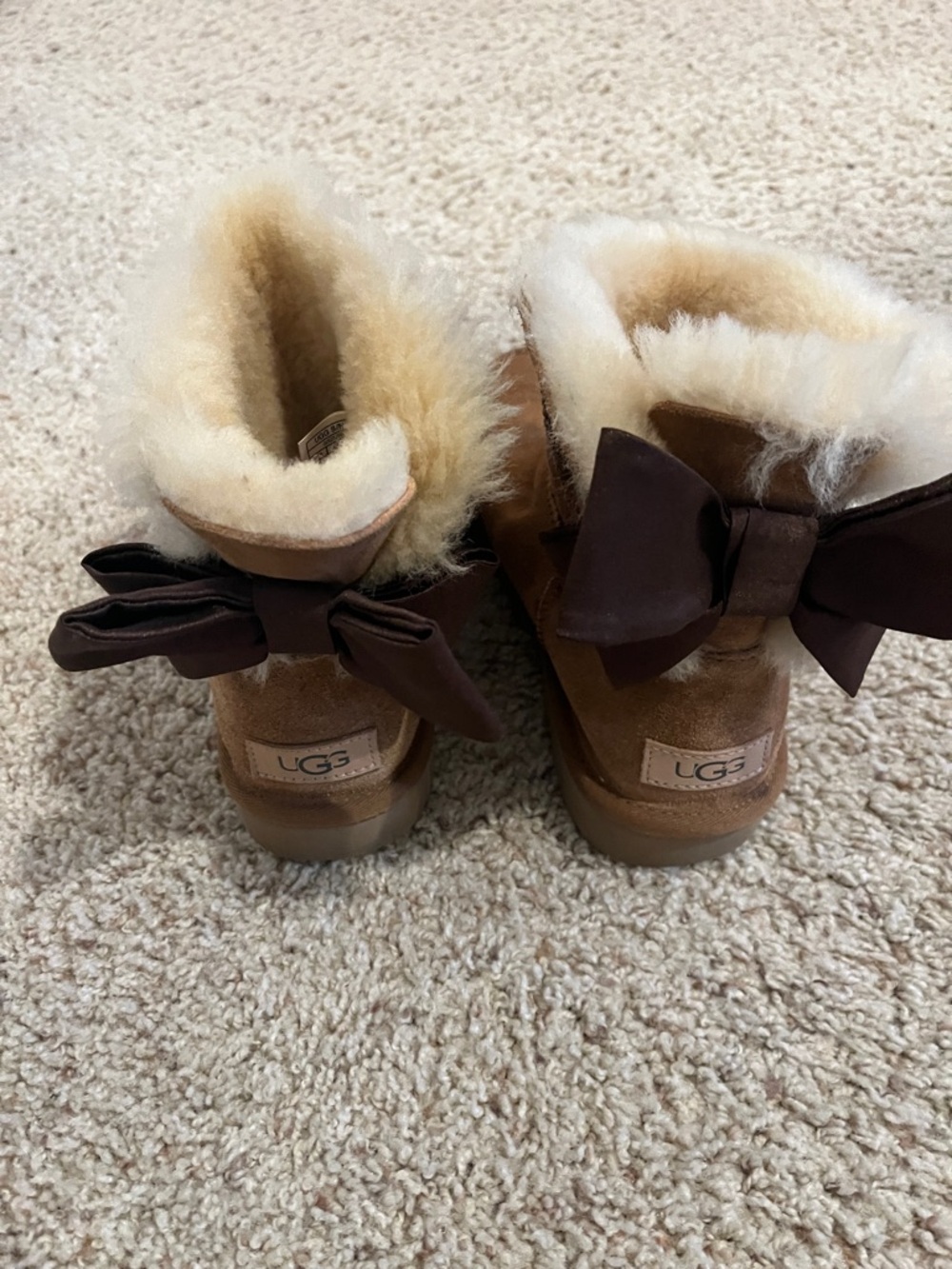 UGG Chestnut Suede Mini Bow Boots with Cream Shearling